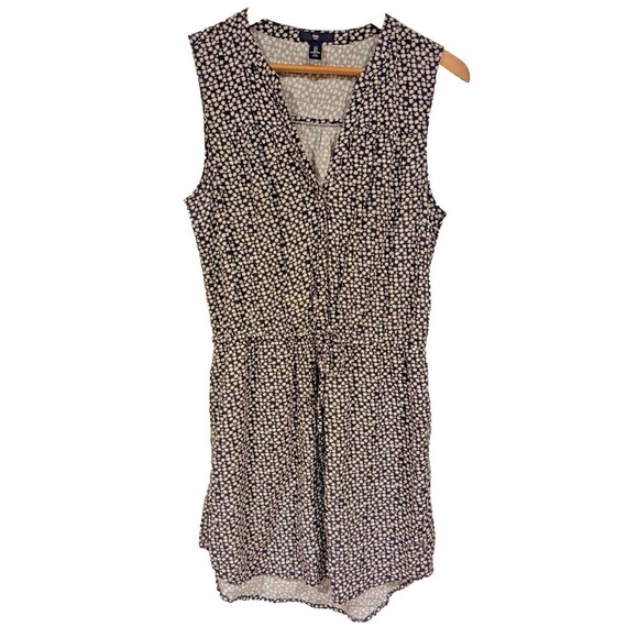 Gap Factory Navy Daisy Print Split Neck Sleeveless Dress Tie Waist Small POCKETS - Picture 1 of 5